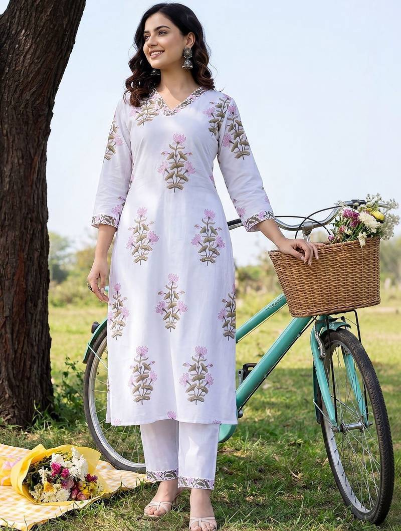 Women Floral Printed Regular Pure Cotton Kurta with Trousers