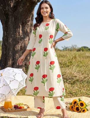 Women Floral Printed Regular Pure Cotton Kurta with Trousers 6