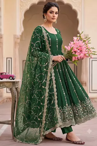 Designer green heavy zari & sequins work anarkali gown