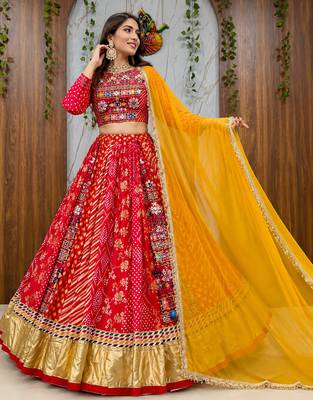 Red Navratri Special Muslin Cotton Blend Mirror Work Chaniya Choli Set 1