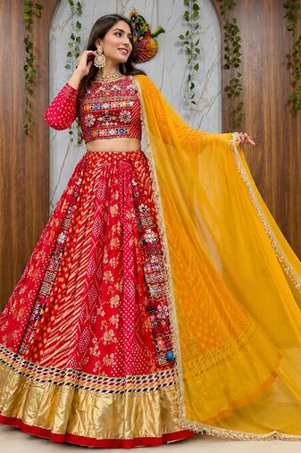 Red Navratri Special Muslin Cotton Blend Mirror Work Chaniya Choli Set
