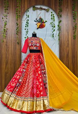 Red Navratri Special Muslin Cotton Blend Mirror Work Chaniya Choli Set 2