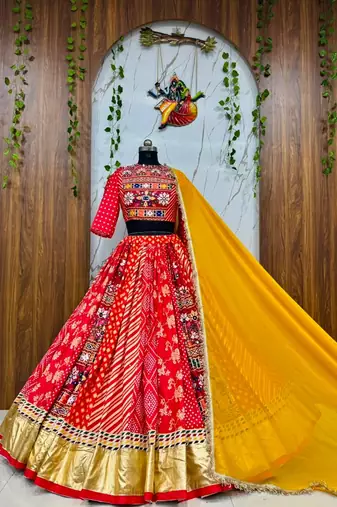 Red Navratri Special Muslin Cotton Blend Mirror Work Chaniya Choli Set