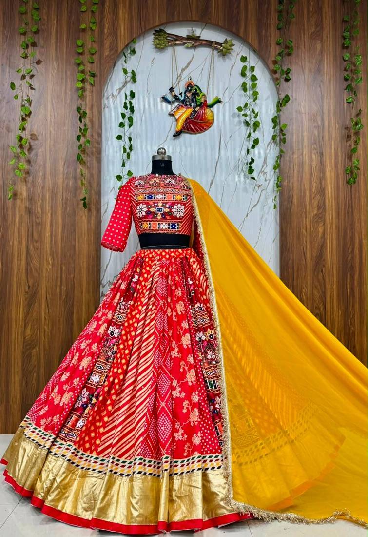 Red Navratri Special Muslin Cotton Blend Mirror Work Chaniya Choli Set