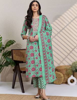 Women Floral Printed Regular Mirror Work Kurta & Trousers With Dupatta 1
