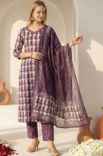 Women Ethnic Motifs Printed Regular Pure Cotton Kurta with Trousers & With Dupatta
