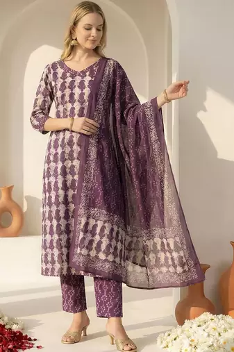 Women Ethnic Motifs Printed Regular Pure Cotton Kurta with Trousers & With Dupatta