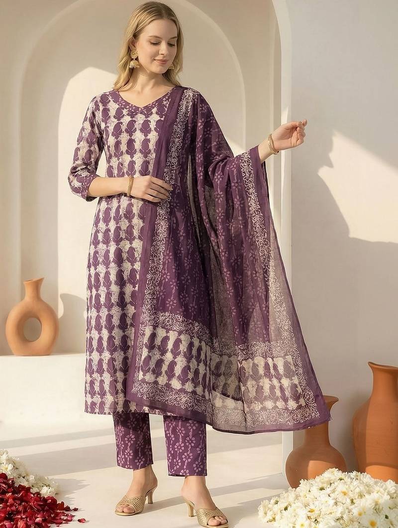 Women Ethnic Motifs Printed Regular Pure Cotton Kurta with Trousers & With Dupatta