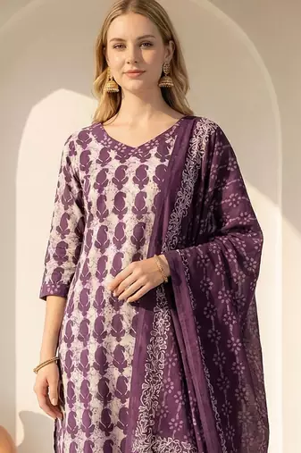 Women Ethnic Motifs Printed Regular Pure Cotton Kurta with Trousers & With Dupatta