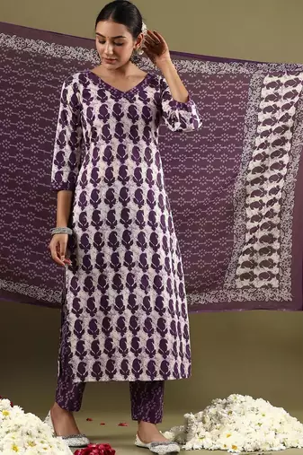 Women Ethnic Motifs Printed Regular Pure Cotton Kurta with Trousers & With Dupatta