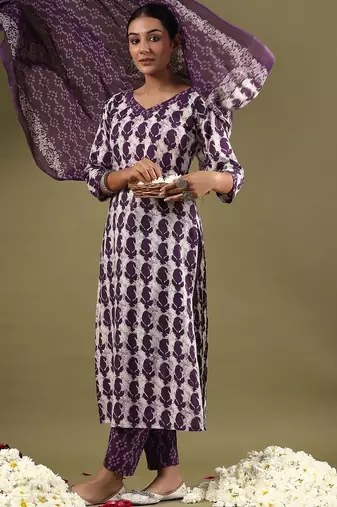 Women Ethnic Motifs Printed Regular Pure Cotton Kurta with Trousers & With Dupatta