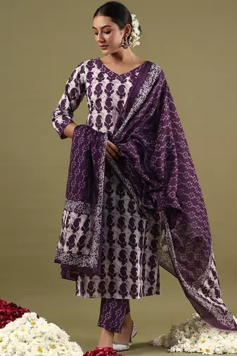 Women Ethnic Motifs Printed Regular Pure Cotton Kurta with Trousers & With Dupatta