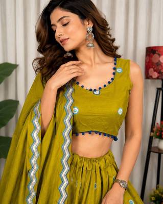 Mahendi Green Embroidery and sequins Aari mirror Silk Blend Lahenga Choli Set  1