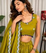 Mahendi Green Embroidery and sequins Aari mirror Silk Blend Lahenga Choli Set 