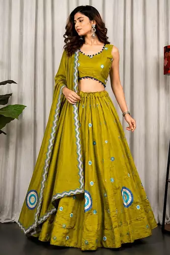 Mahendi Green Embroidery and sequins Aari mirror Silk Blend Lahenga Choli Set 