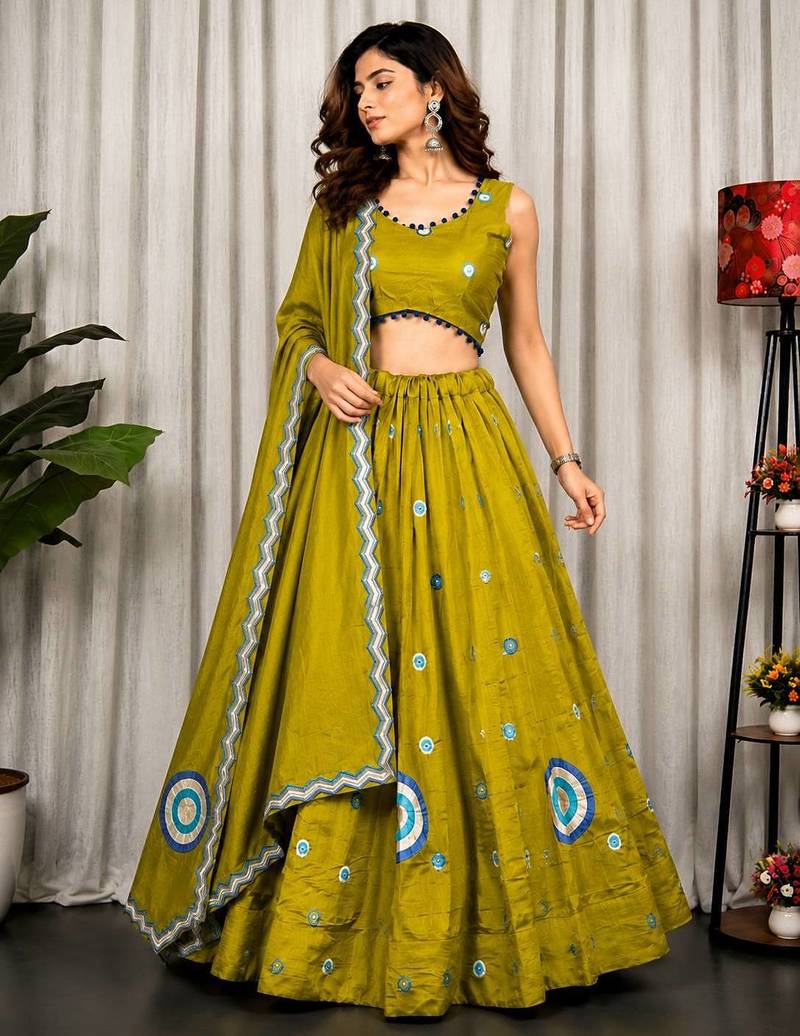 Mahendi Green Embroidery and sequins Aari mirror Silk Blend Lahenga Choli Set 