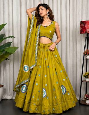 Mahendi Green Embroidery and sequins Aari mirror Silk Blend Lahenga Choli Set  3