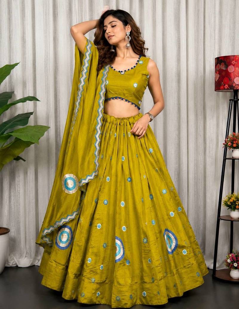 Mahendi Green Embroidery and sequins Aari mirror Silk Blend Lahenga Choli Set 