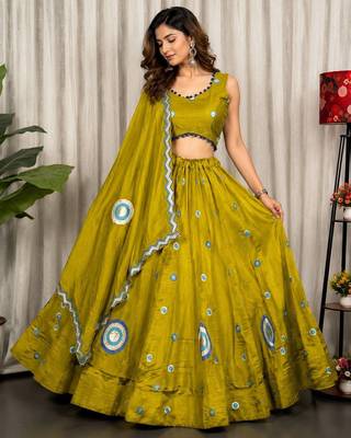 Mahendi Green Embroidery and sequins Aari mirror Silk Blend Lahenga Choli Set  4
