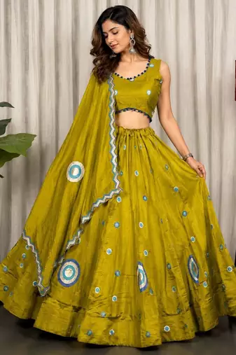 Mahendi Green Embroidery and sequins Aari mirror Silk Blend Lahenga Choli Set 