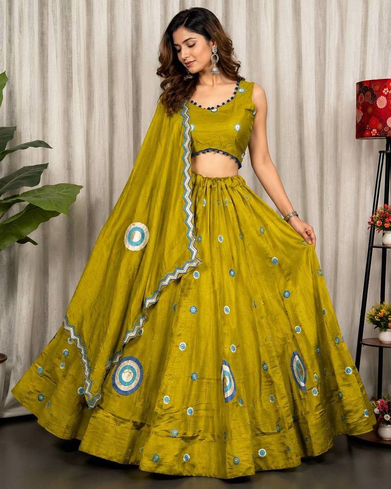 Mahendi Green Embroidery and sequins Aari mirror Silk Blend Lahenga Choli Set 