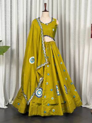 Mahendi Green Embroidery and sequins Aari mirror Silk Blend Lahenga Choli Set  5