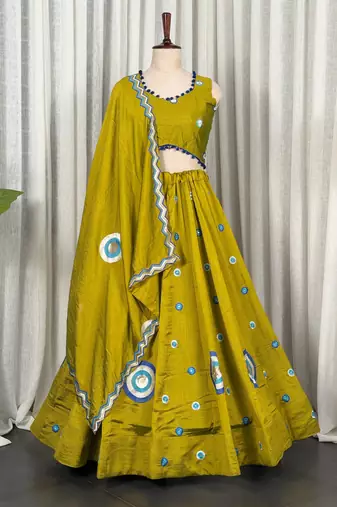 Mahendi Green Embroidery and sequins Aari mirror Silk Blend Lahenga Choli Set 