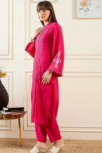 Self Design Mandarin Collar Panelled Kurta With Trousers