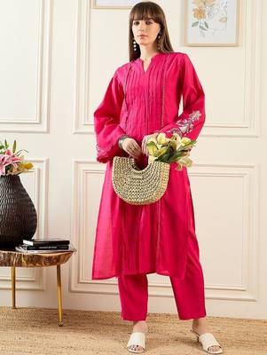 Self Design Mandarin Collar Panelled Kurta With Trousers 5