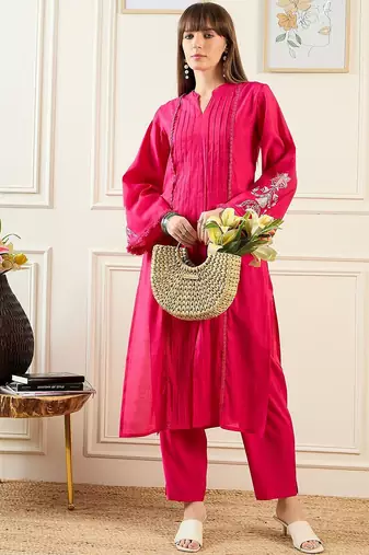 Self Design Mandarin Collar Panelled Kurta With Trousers