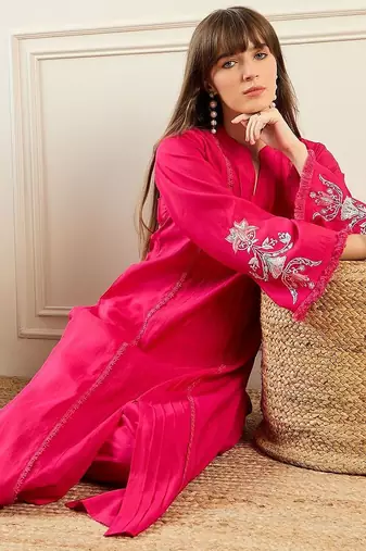 Self Design Mandarin Collar Panelled Kurta With Trousers