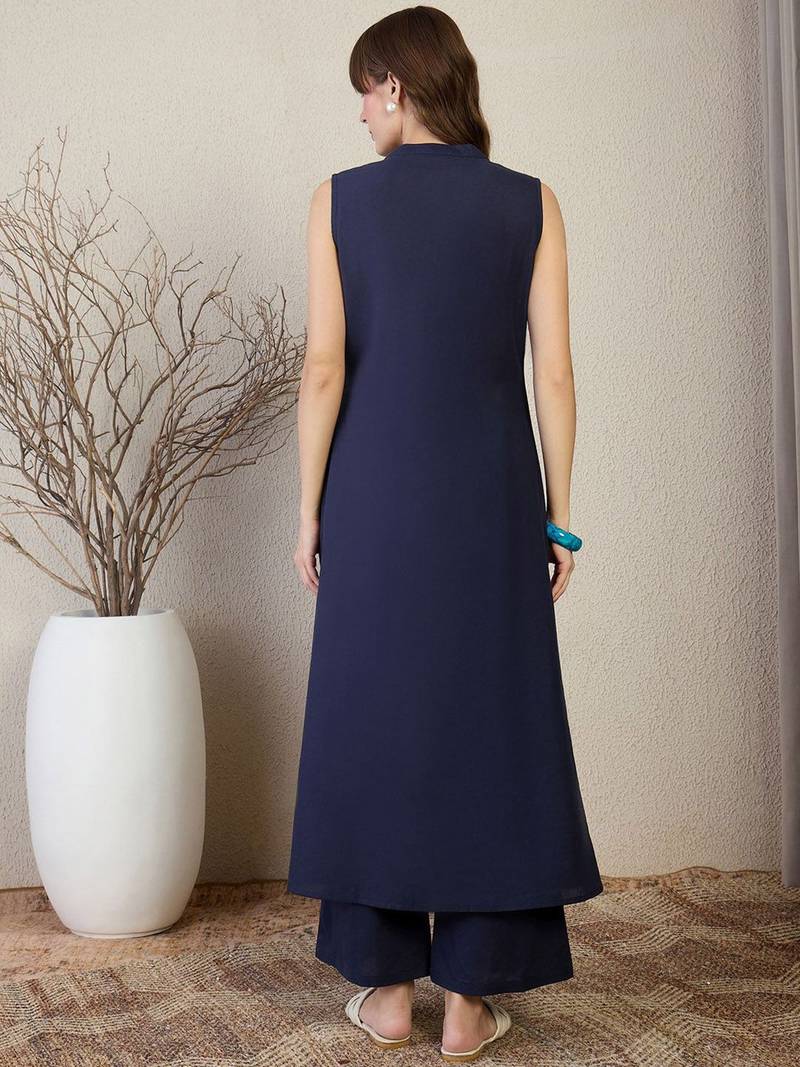 Women Woven Design Embroidered Cotton Kurta with Palazzos