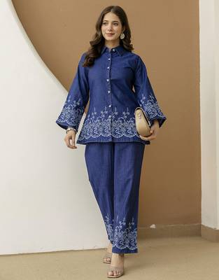 Women’s denim blue embroidery work co-ord set with shirt style top and straight pant for women 1