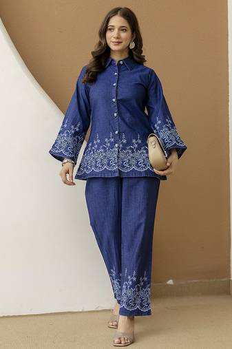Women’s denim blue embroidery work co-ord set with shirt style top and straight pant for women