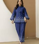 Women’s denim blue embroidery work co-ord set with shirt style top and straight pant for women