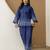 Women’s denim blue embroidery work co-ord set with shirt style top and straight pant for women