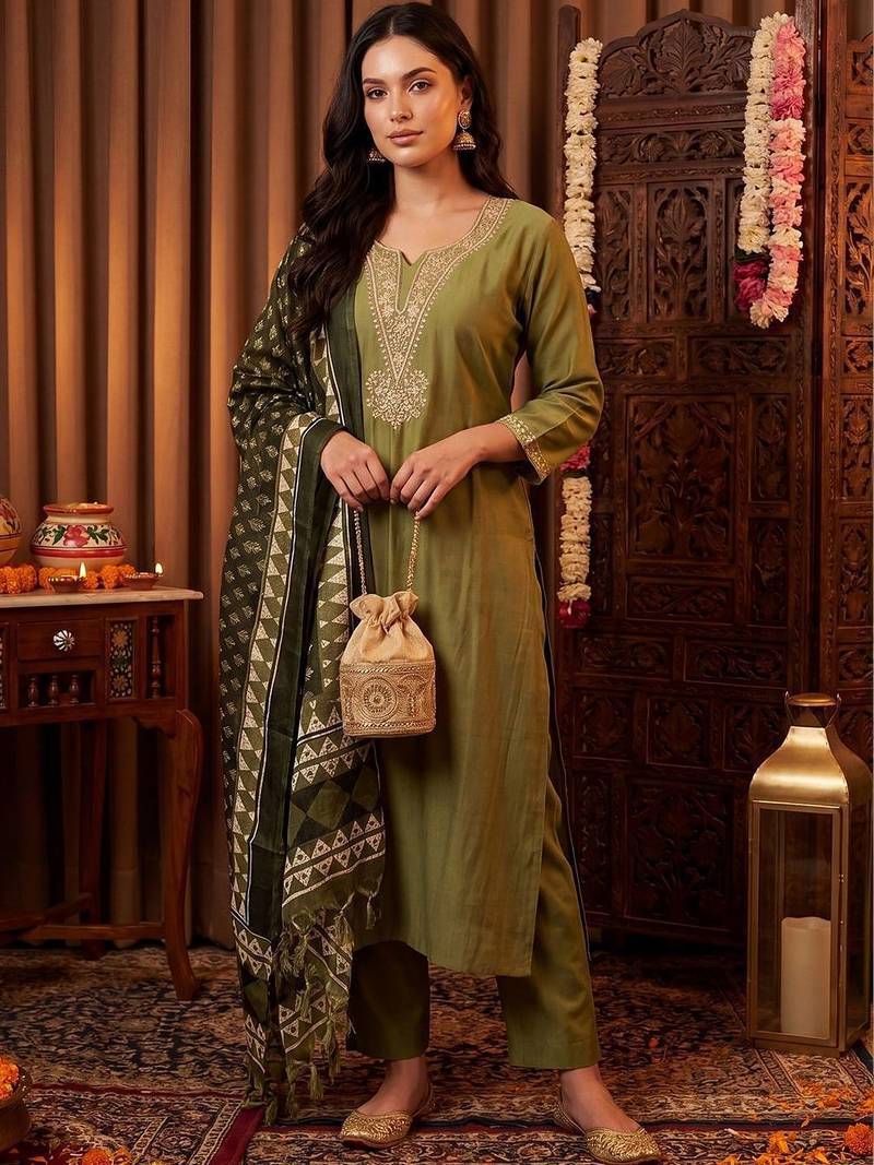 Women Ethnic Motifs Embroidered Regular Thread Work Kurta with Trousers & Dupatta
