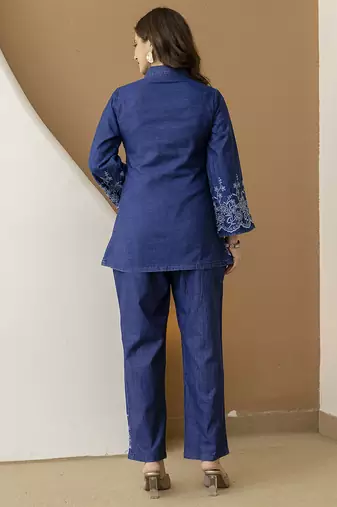 Women’s denim blue embroidery work co-ord set with shirt style top and straight pant for women