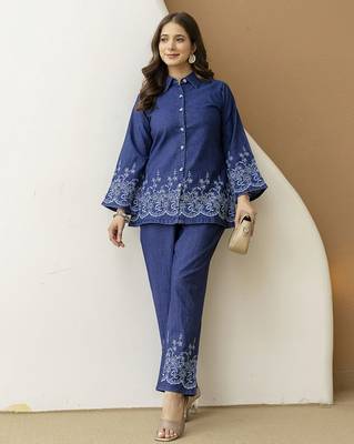 Women’s denim blue embroidery work co-ord set with shirt style top and straight pant for women 3
