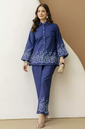 Women’s denim blue embroidery work co-ord set with shirt style top and straight pant for women