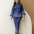 Women’s denim blue embroidery work co-ord set with shirt style top and straight pant for women