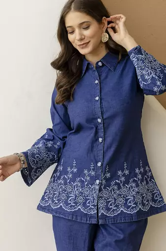 Women’s denim blue embroidery work co-ord set with shirt style top and straight pant for women