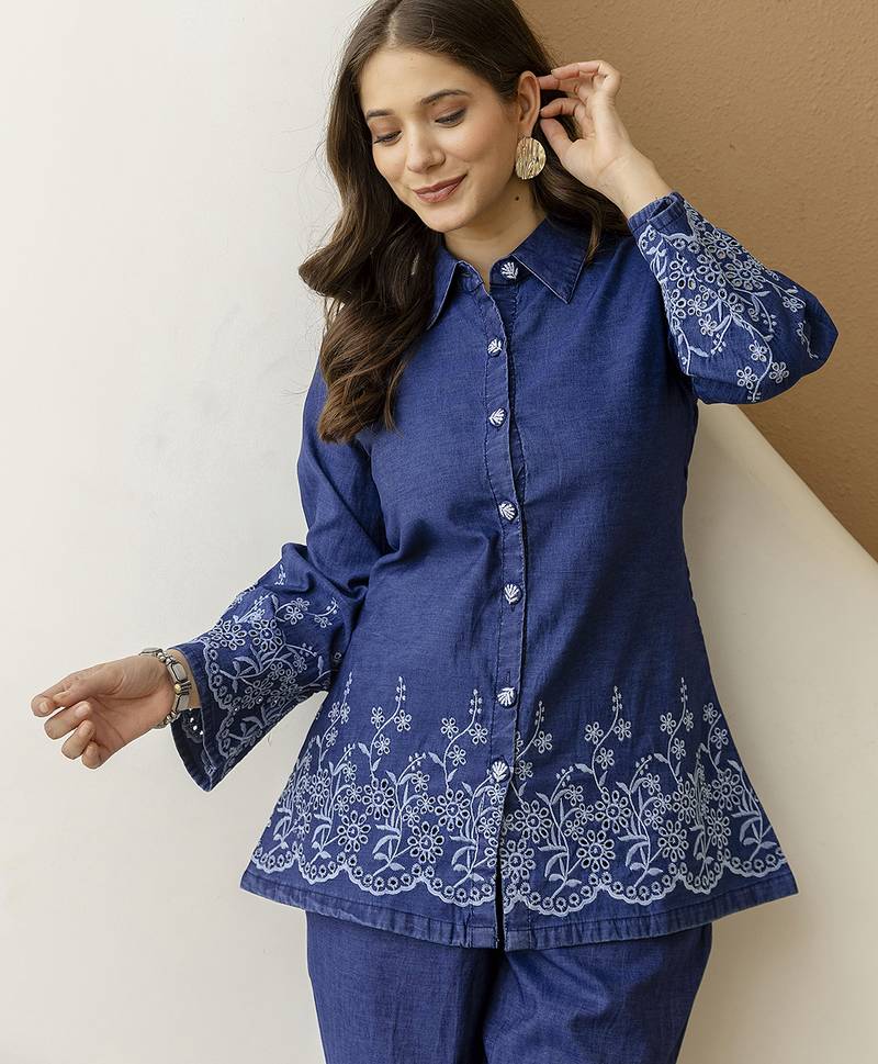 Women’s denim blue embroidery work co-ord set with shirt style top and straight pant for women
