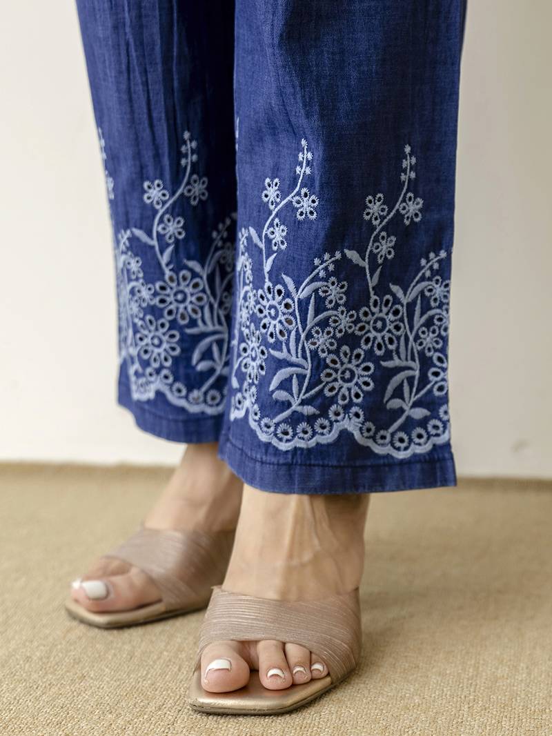 Women’s denim blue embroidery work co-ord set with shirt style top and straight pant for women