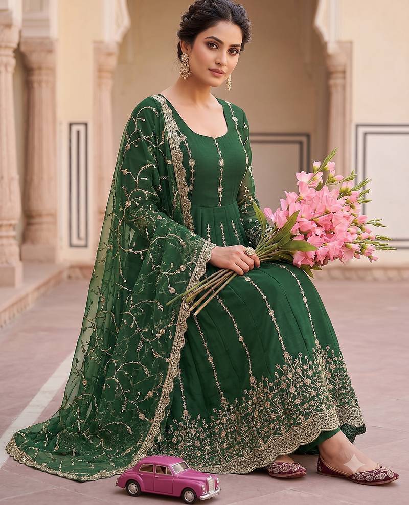 Designer green heavy zari & sequins work anarkali gown