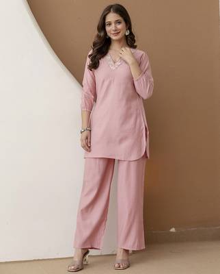 Women's stylish peach soft viscose silk kurta and pant casual wear co-ord set 1