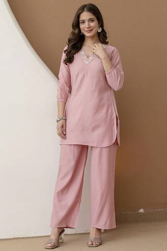 Women's stylish peach soft viscose silk kurta and pant casual wear co-ord set
