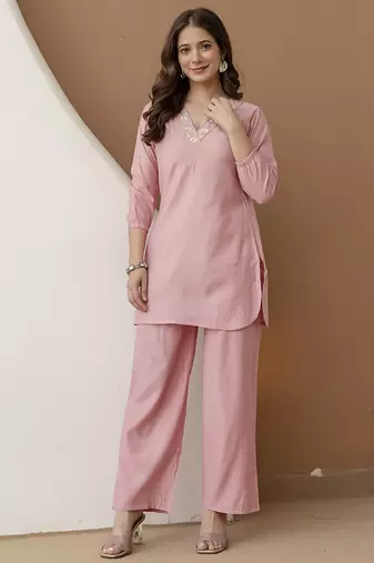 Women's stylish peach soft viscose silk kurta and pant casual wear co-ord set