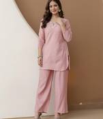 Women's stylish peach soft viscose silk kurta and pant casual wear co-ord set