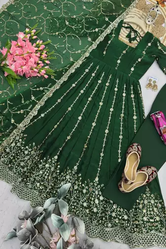 Designer green heavy zari & sequins work anarkali gown